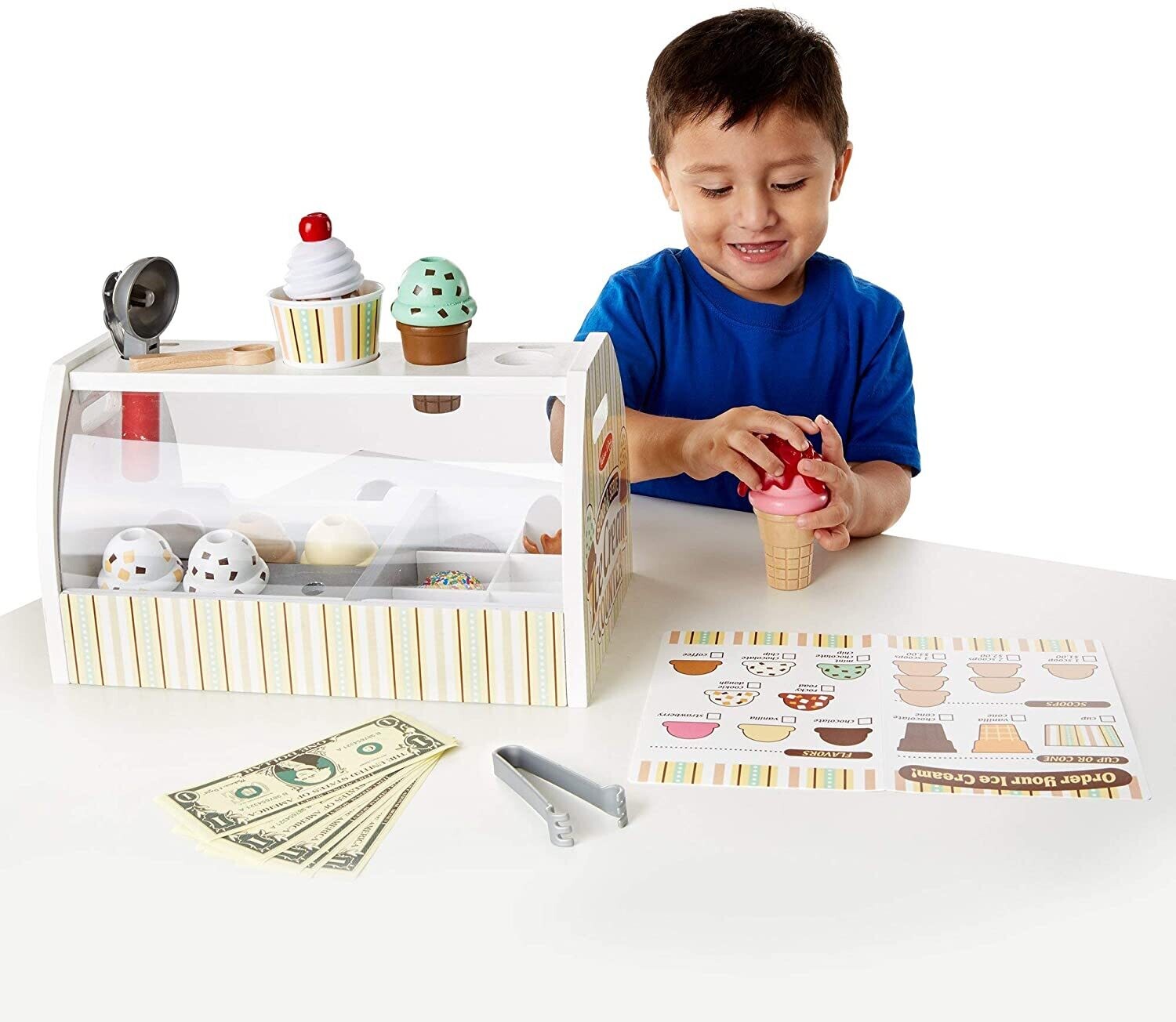 Wooden Scoop and Serve Ice Cream Counter (28 Pieces) - Play Food and Accessories