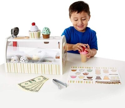 Wooden Scoop and Serve Ice Cream Counter (28 Pieces) - Play Food and Accessories