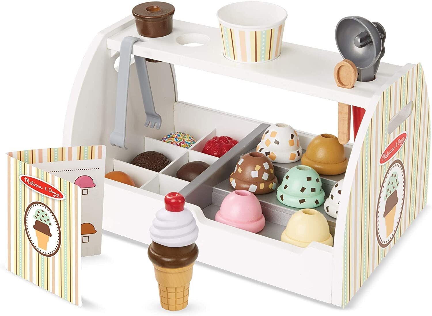 Wooden Scoop and Serve Ice Cream Counter (28 Pieces) - Play Food and Accessories