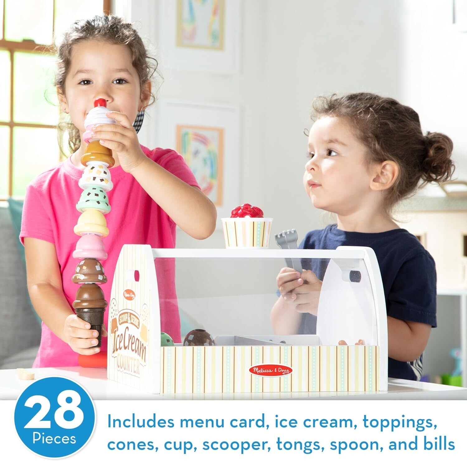 Wooden Scoop and Serve Ice Cream Counter (28 Pieces) - Play Food and Accessories