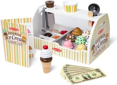 Wooden Scoop and Serve Ice Cream Counter (28 Pieces) - Play Food and Accessories