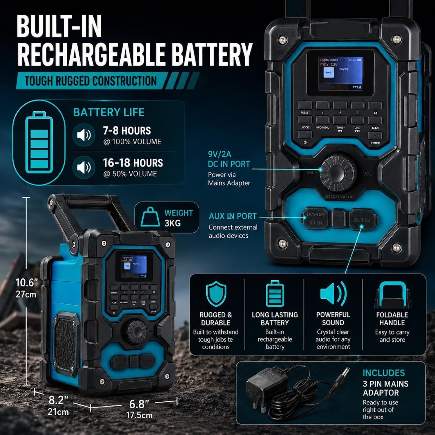 16W DAB+ FM Cordless Site Radio Bluetooth