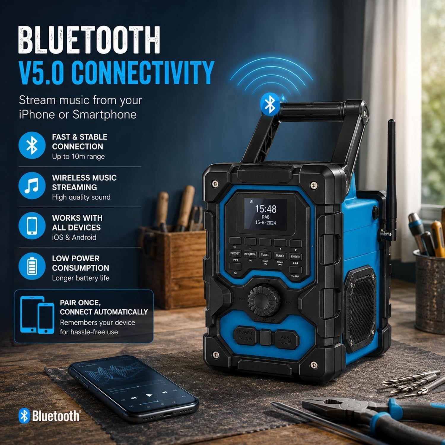 16W DAB+ FM Cordless Site Radio Bluetooth