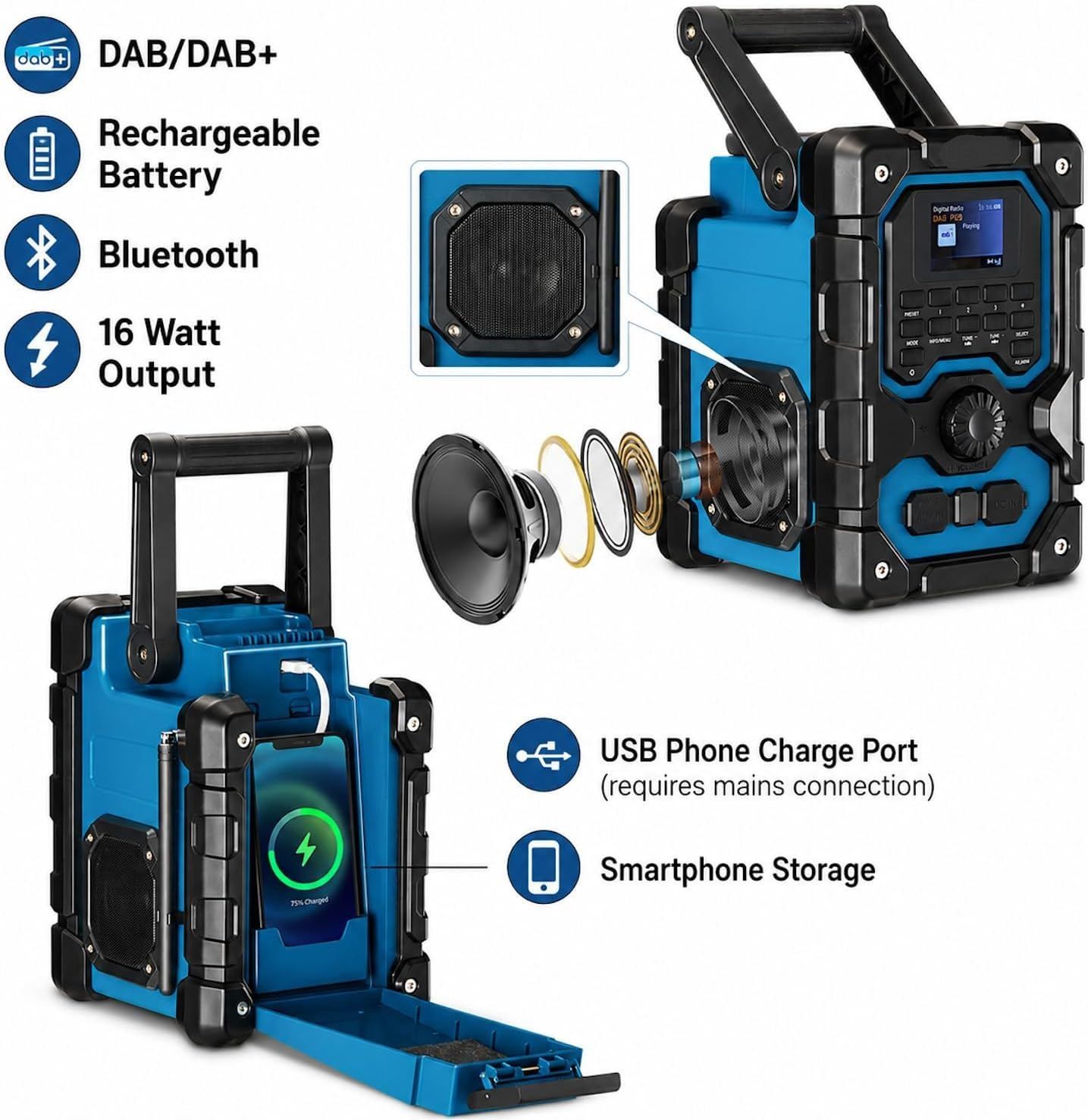 16W DAB+ FM Cordless Site Radio Bluetooth