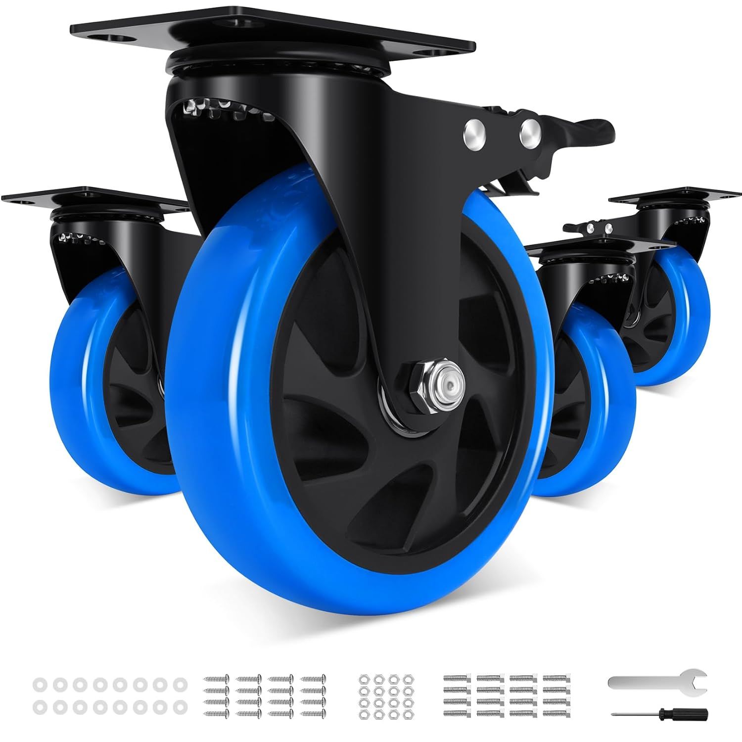 Set Of 4 Heavy-Duty 125mm PU Caster Wheels with Brakes