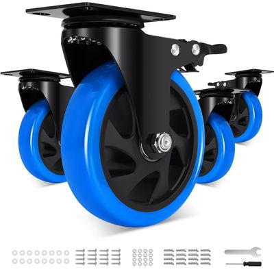 Set Of 4 Heavy-Duty 125mm PU Caster Wheels with Brakes