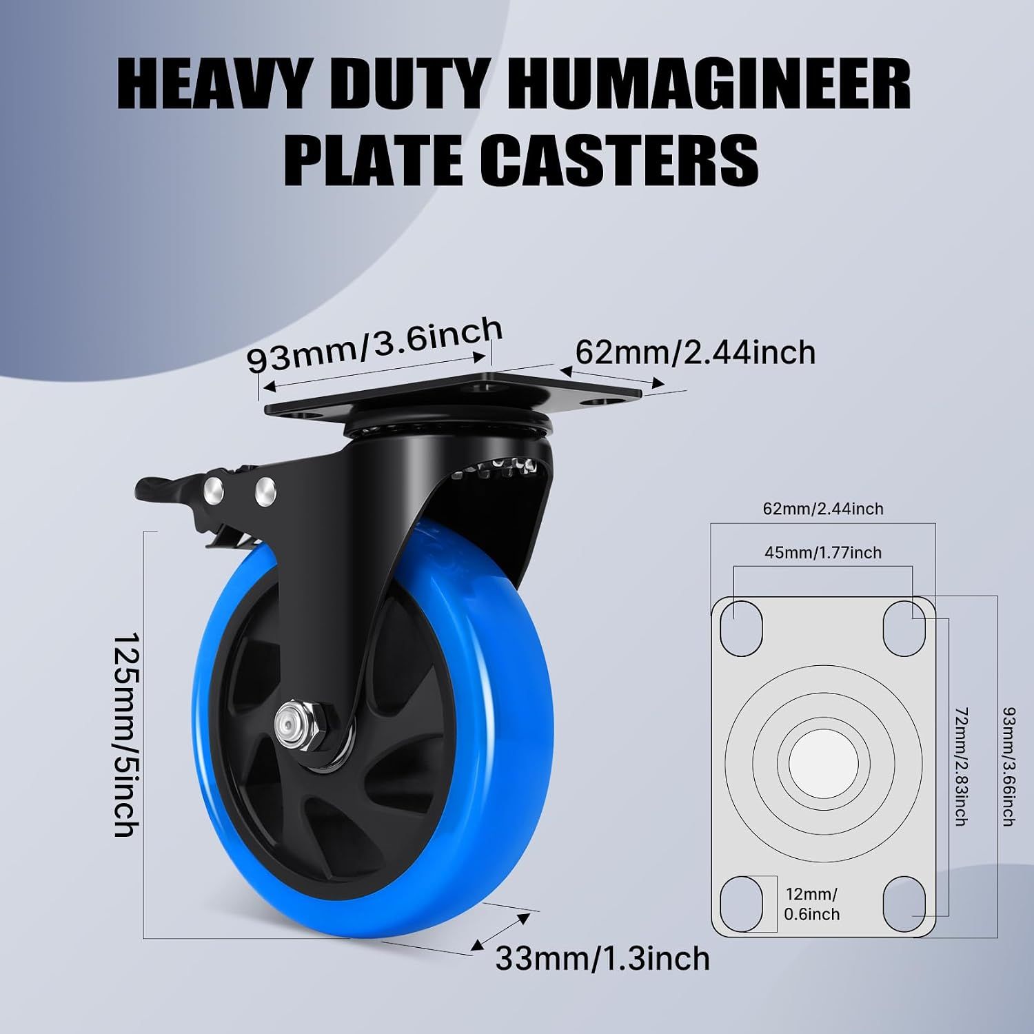 Set Of 4 Heavy-Duty 125mm PU Caster Wheels with Brakes