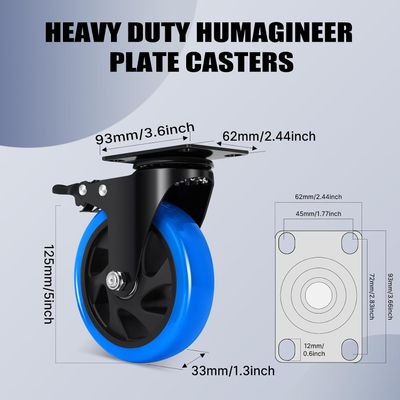 Set Of 4 Heavy-Duty 125mm PU Caster Wheels with Brakes