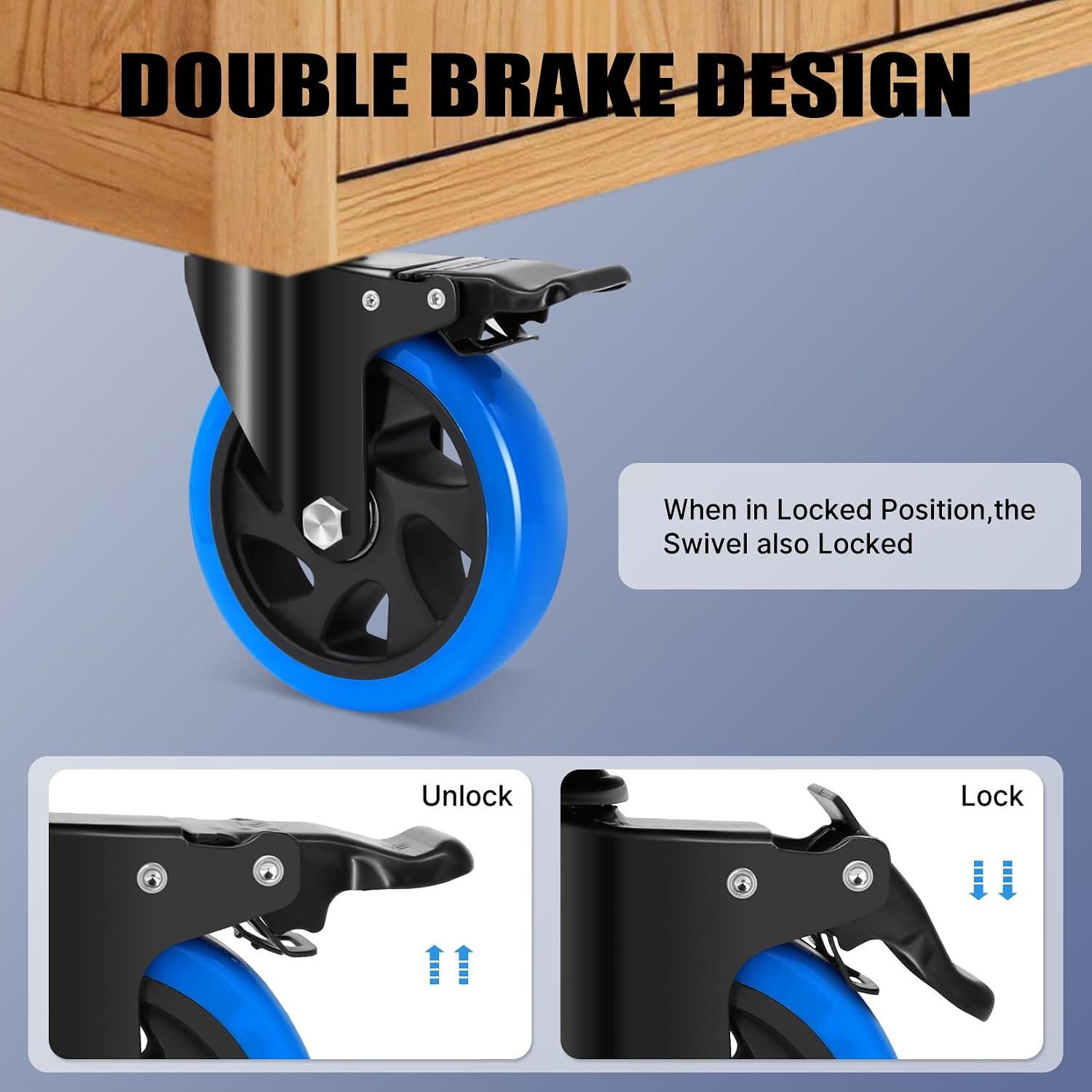 Set Of 4 Heavy-Duty 125mm PU Caster Wheels with Brakes