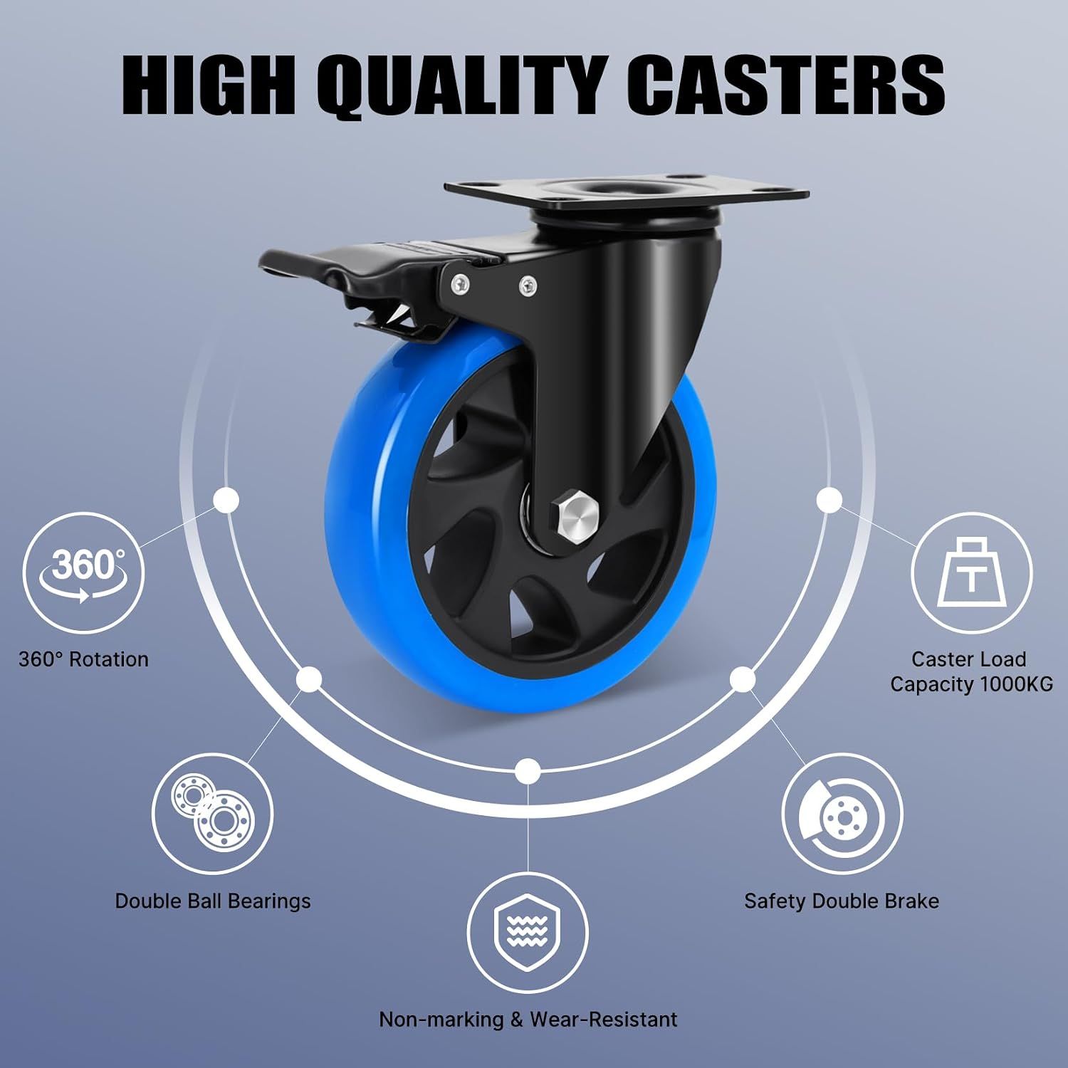 Set Of 4 Heavy-Duty 125mm PU Caster Wheels with Brakes