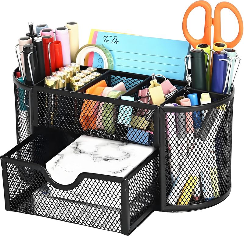 Mesh Desk Tidy &amp; Pen Holder with 8 Compartments and 1 Drawer