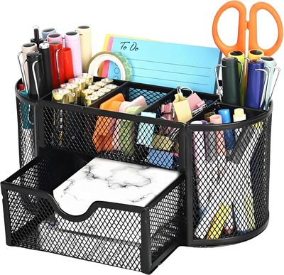 Mesh Desk Tidy &amp; Pen Holder with 8 Compartments and 1 Drawer
