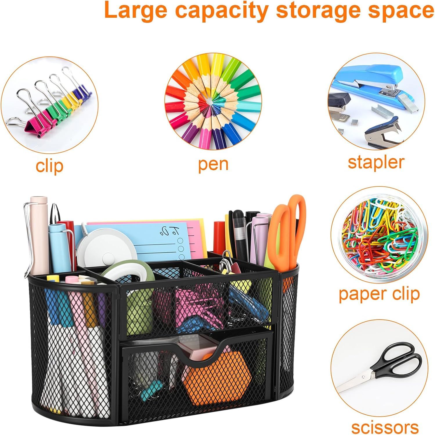 Mesh Desk Tidy &amp; Pen Holder with 8 Compartments and 1 Drawer