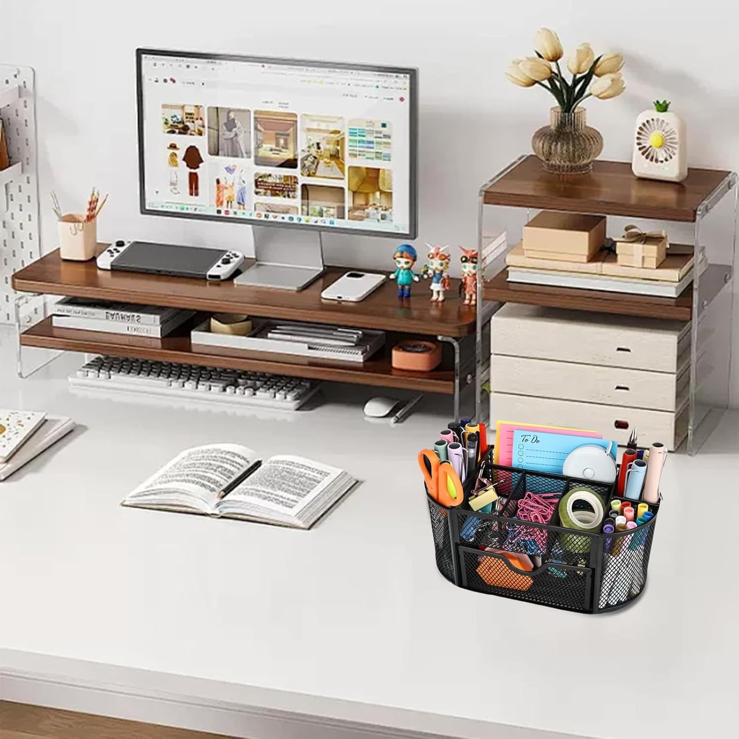 Mesh Desk Tidy &amp; Pen Holder with 8 Compartments and 1 Drawer