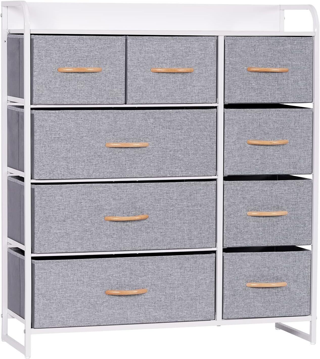9-Drawer Storage Chest of Drawers Organizer Unit for Bedroom Living Room Closet, Sturdy Steel Frame, Easy Pull Fabric Bins &amp; Wooden Top, Fabric Dresser, Colour: Snow Gray