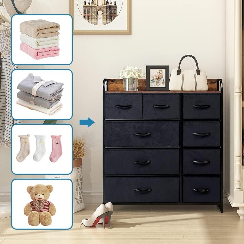 9-Drawer Storage Chest of Drawers Organizer Unit for Bedroom Living Room Closet, Sturdy Steel Frame, Easy Pull Fabric Bins &amp; Wooden Top, Fabric Dresser