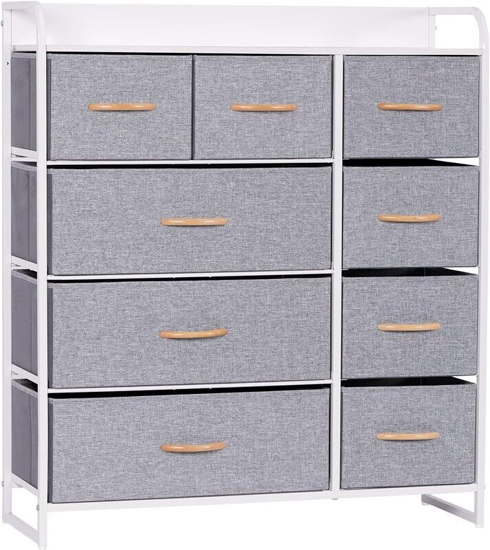 9-Drawer Storage Chest of Drawers Organizer Unit for Bedroom Living Room Closet, Sturdy Steel Frame, Easy Pull Fabric Bins &amp; Wooden Top, Fabric Dresser