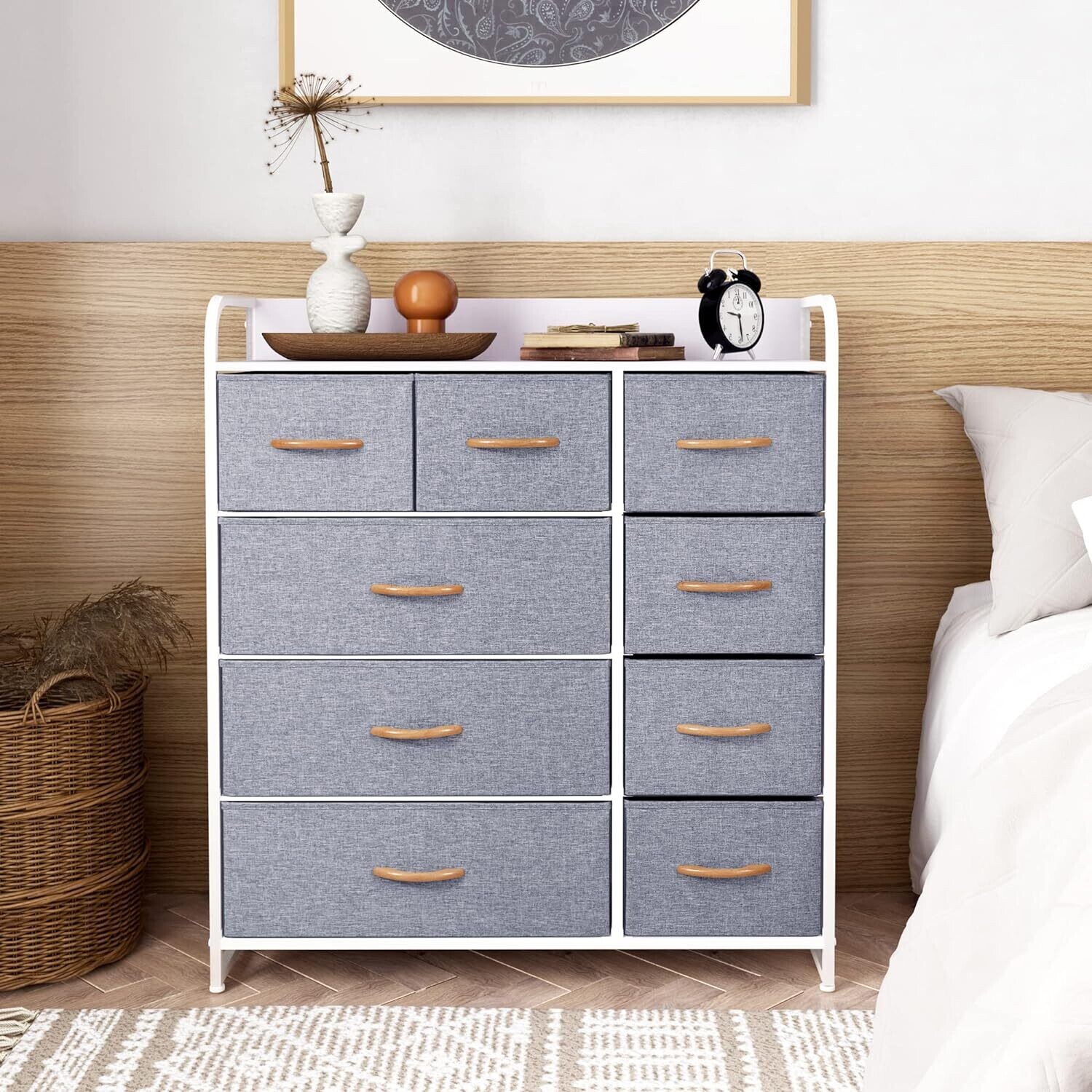 9-Drawer Storage Chest of Drawers Organizer Unit for Bedroom Living Room Closet, Sturdy Steel Frame, Easy Pull Fabric Bins &amp; Wooden Top, Fabric Dresser