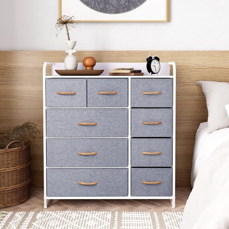 9-Drawer Storage Chest of Drawers Organizer Unit for Bedroom Living Room Closet, Sturdy Steel Frame, Easy Pull Fabric Bins &amp; Wooden Top, Fabric Dresser