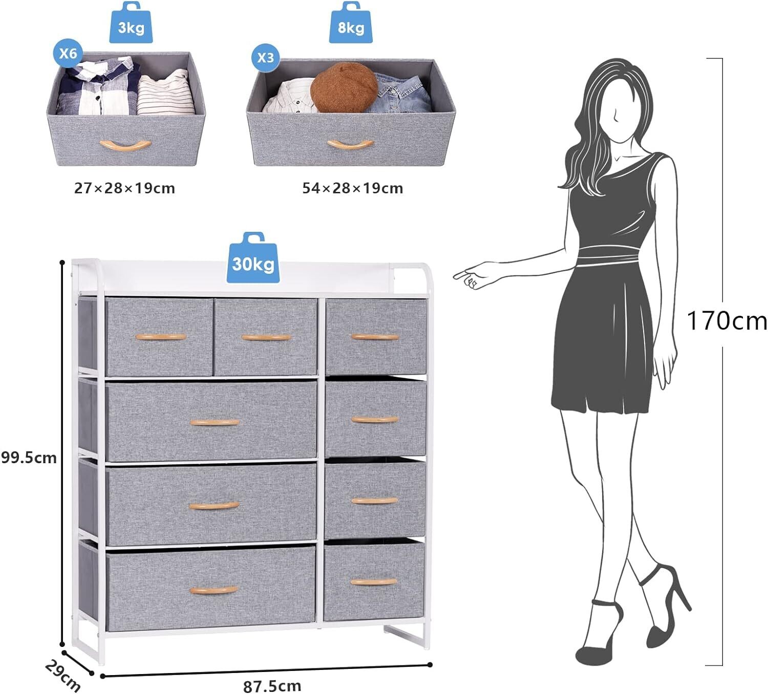 9-Drawer Storage Chest of Drawers Organizer Unit for Bedroom Living Room Closet, Sturdy Steel Frame, Easy Pull Fabric Bins &amp; Wooden Top, Fabric Dresser