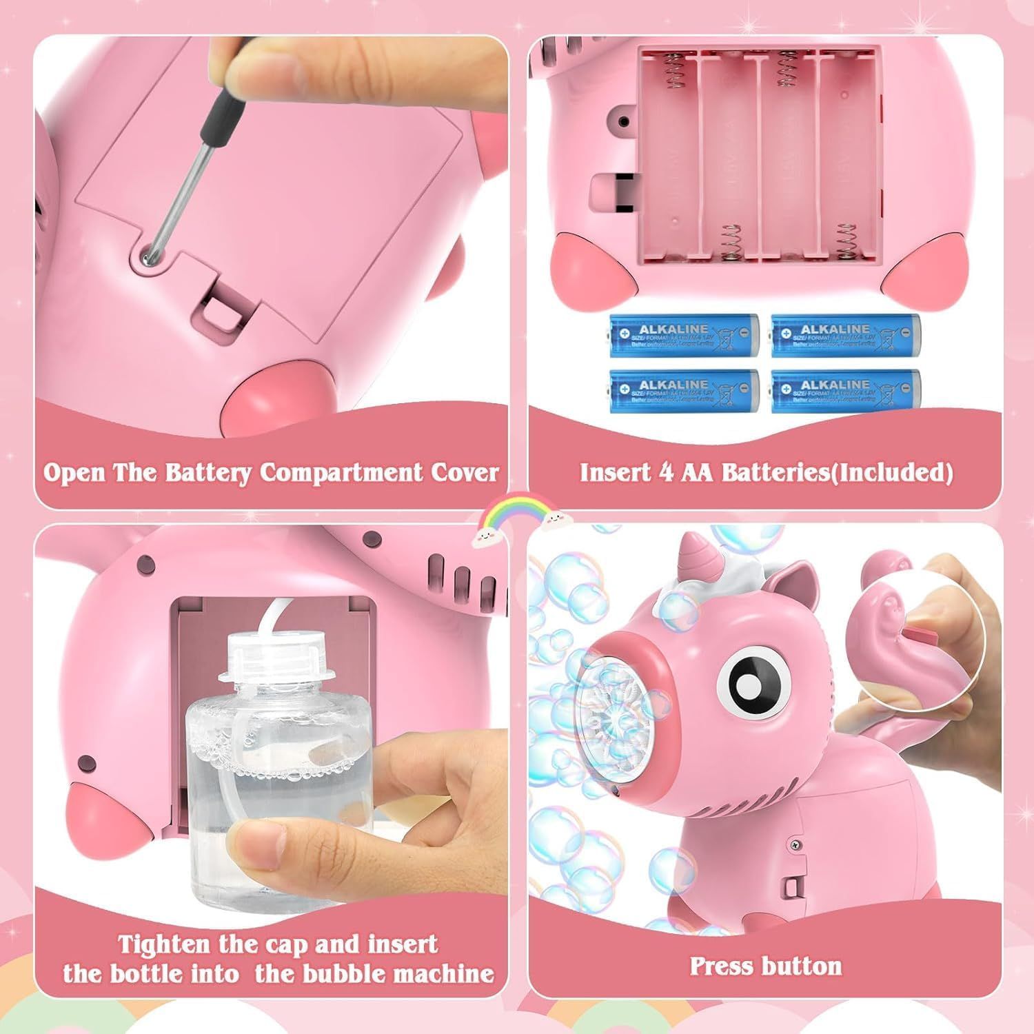 Portable Unicorn Bubble Machine for Kids with LED Lights