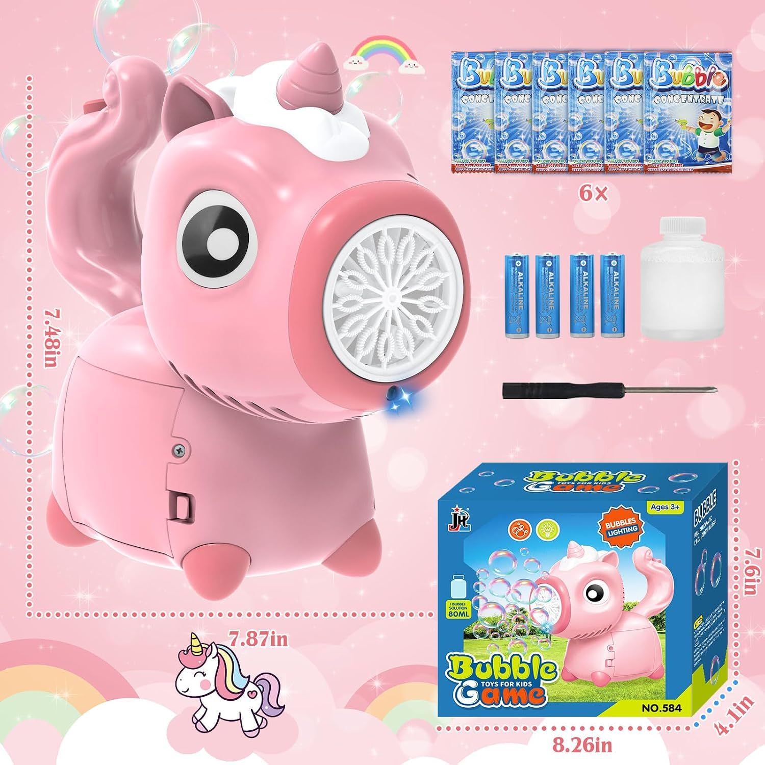 Portable Unicorn Bubble Machine for Kids with LED Lights