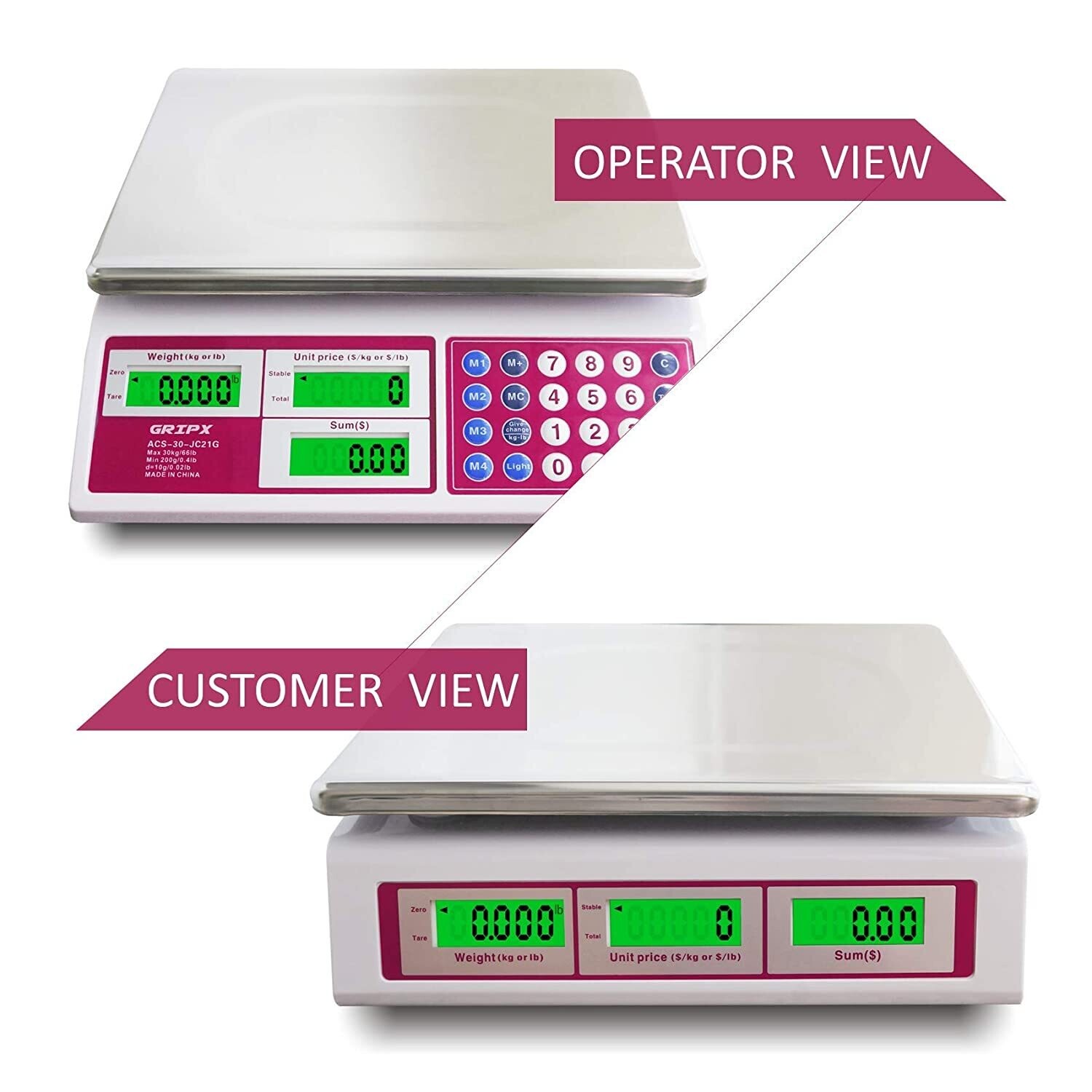 Digital Commercial Price Scale 30kg for Food, Meat, Fruit, and Produce with Green Backlight LCD Display