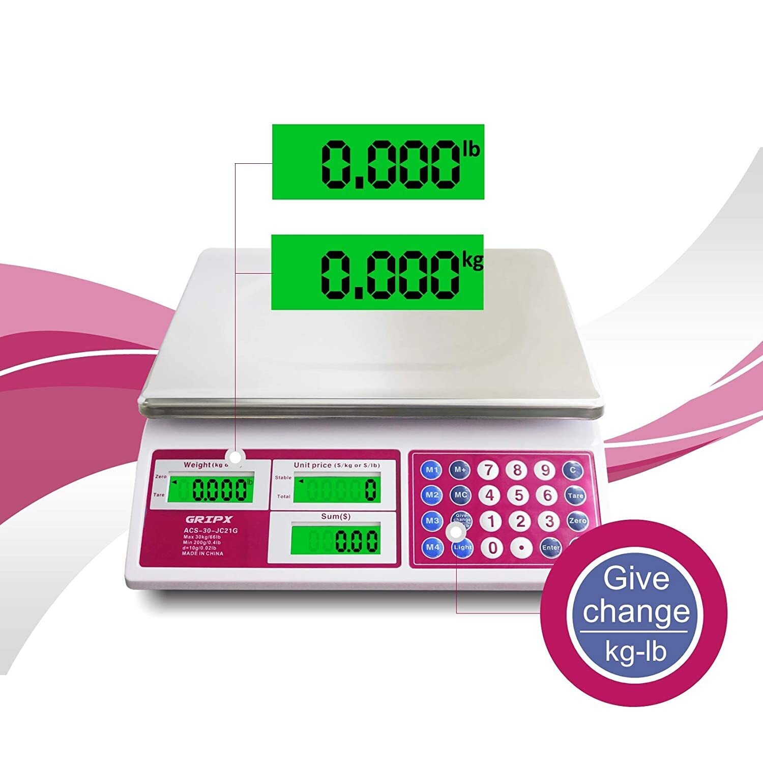 Digital Commercial Price Scale 30kg for Food, Meat, Fruit, and Produce with Green Backlight LCD Display