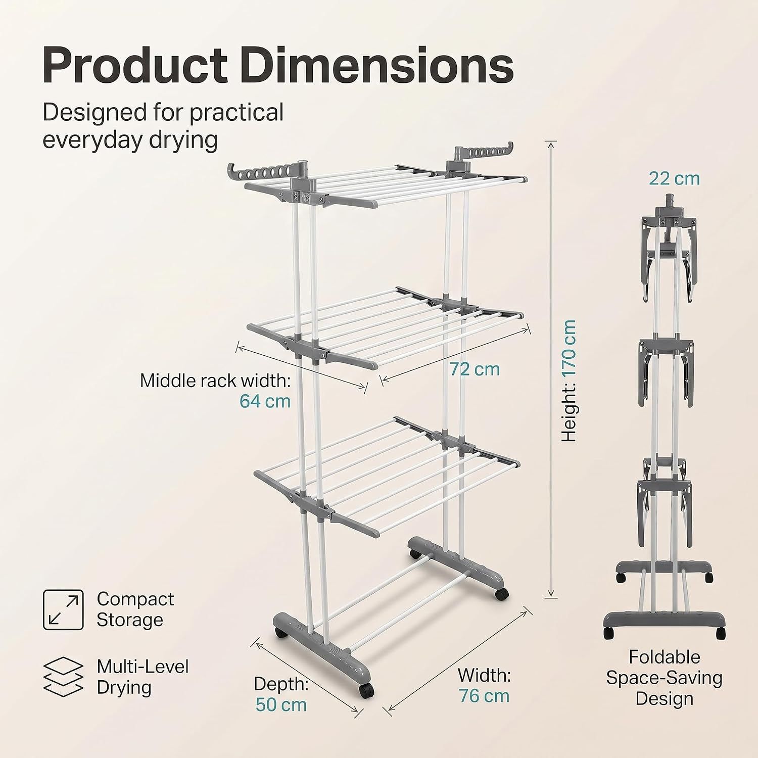 4 Tier Foldable Clothes Drying Rack Stainless Steel Airer with Wheels