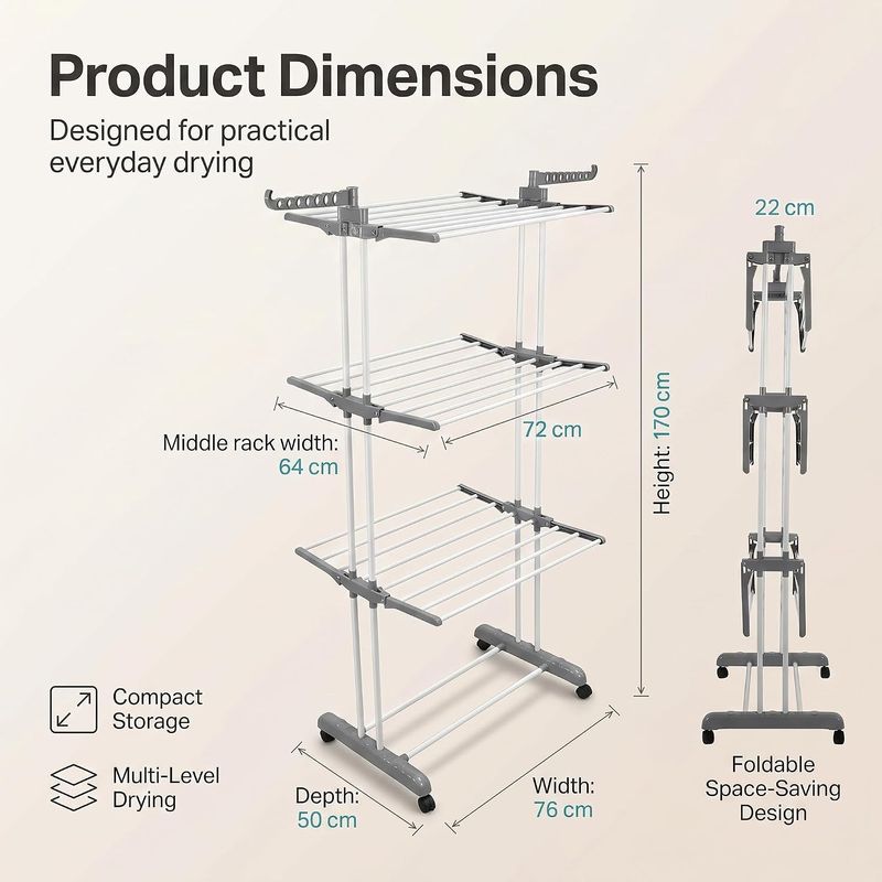 4 Tier Foldable Clothes Drying Rack Stainless Steel Airer with Wheels