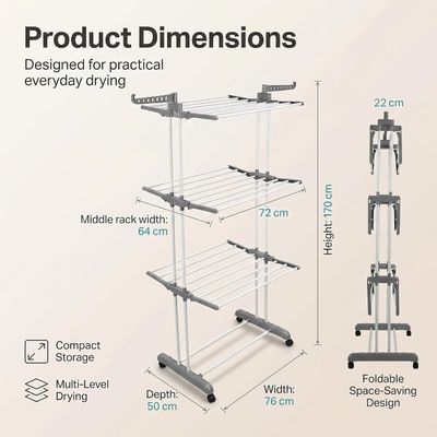 4 Tier Foldable Clothes Drying Rack Stainless Steel Airer with Wheels