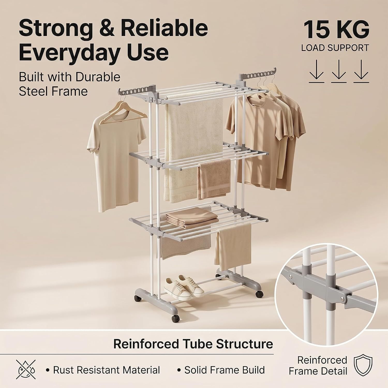 4 Tier Foldable Clothes Drying Rack Stainless Steel Airer with Wheels
