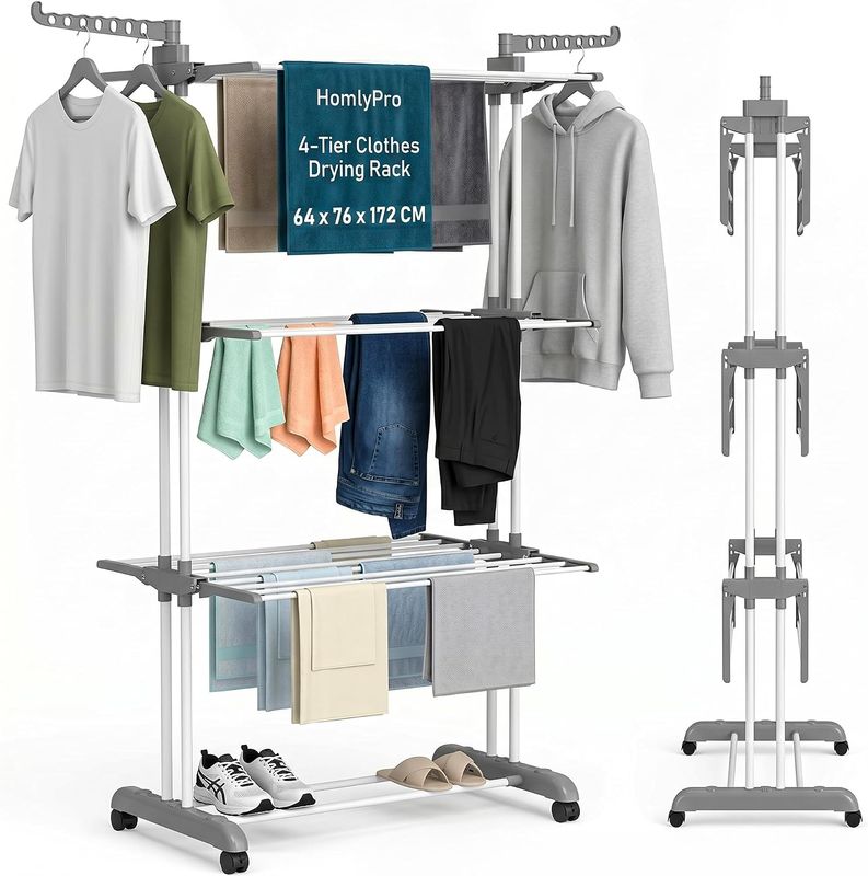 4 Tier Foldable Clothes Drying Rack Stainless Steel Airer with Wheels