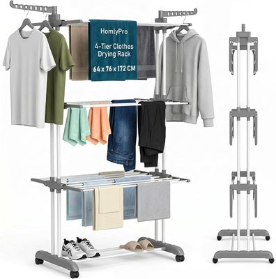 4 Tier Foldable Clothes Drying Rack Stainless Steel Airer with Wheels
