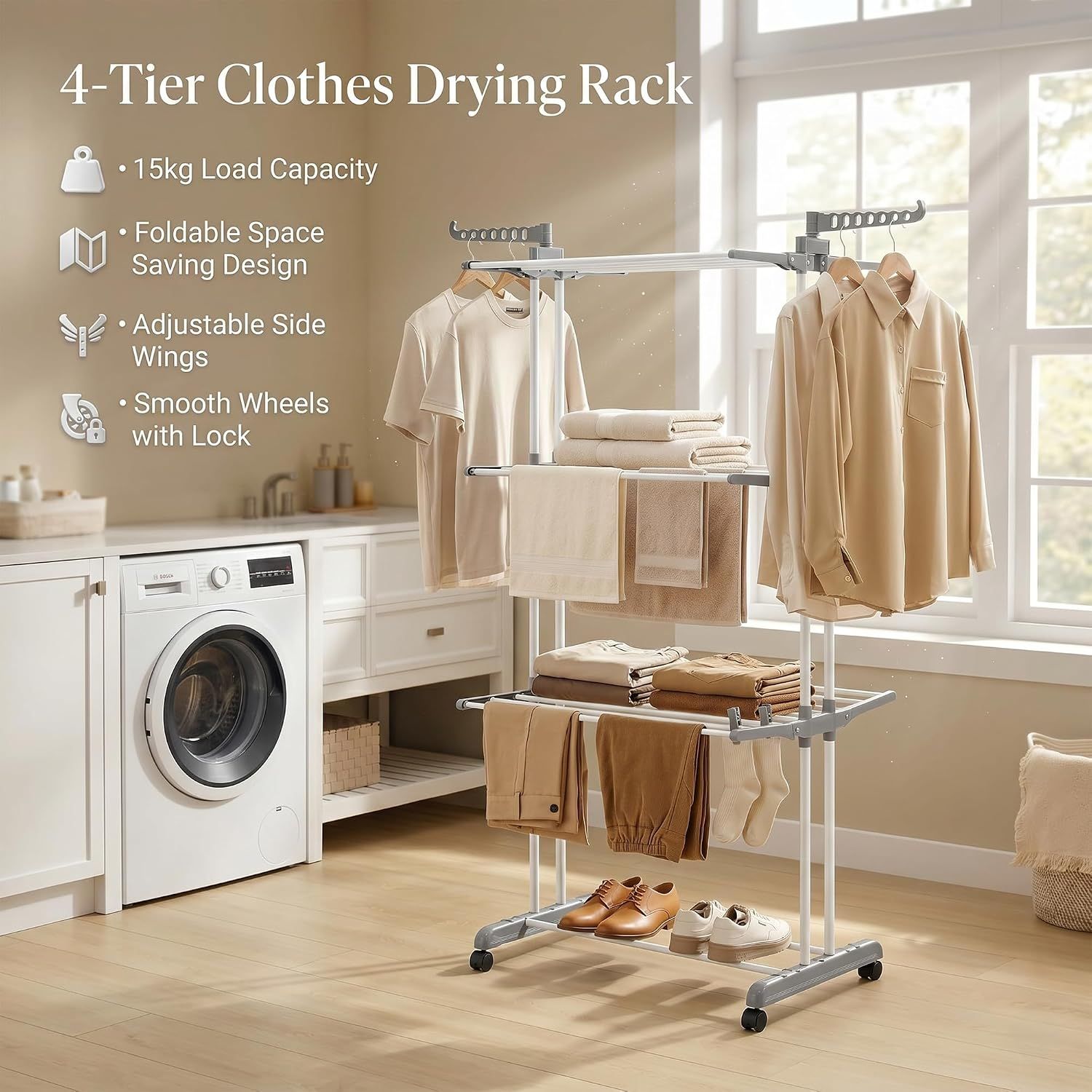4 Tier Foldable Clothes Drying Rack Stainless Steel Airer with Wheels