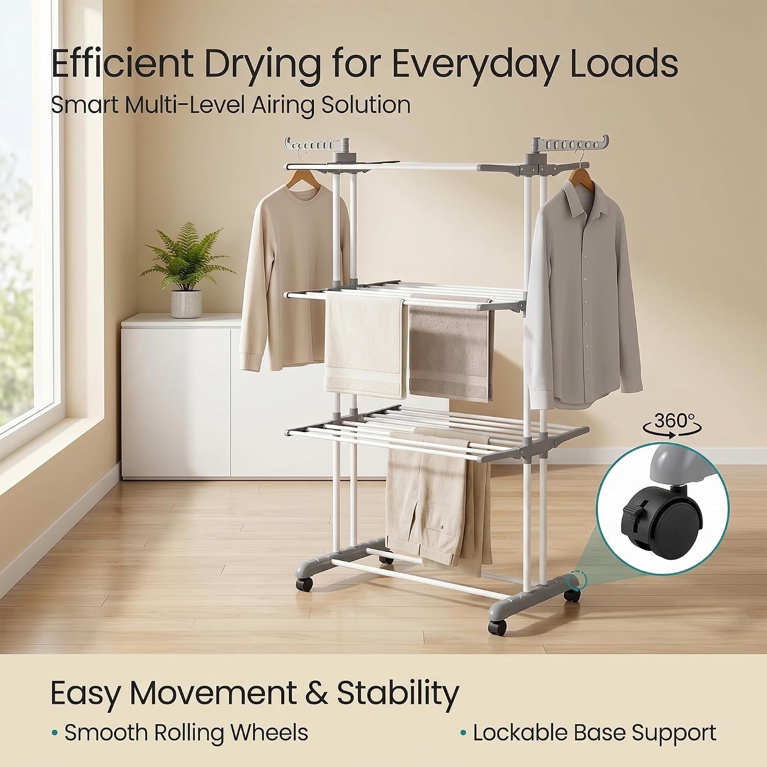 4 Tier Foldable Clothes Drying Rack Stainless Steel Airer with Wheels