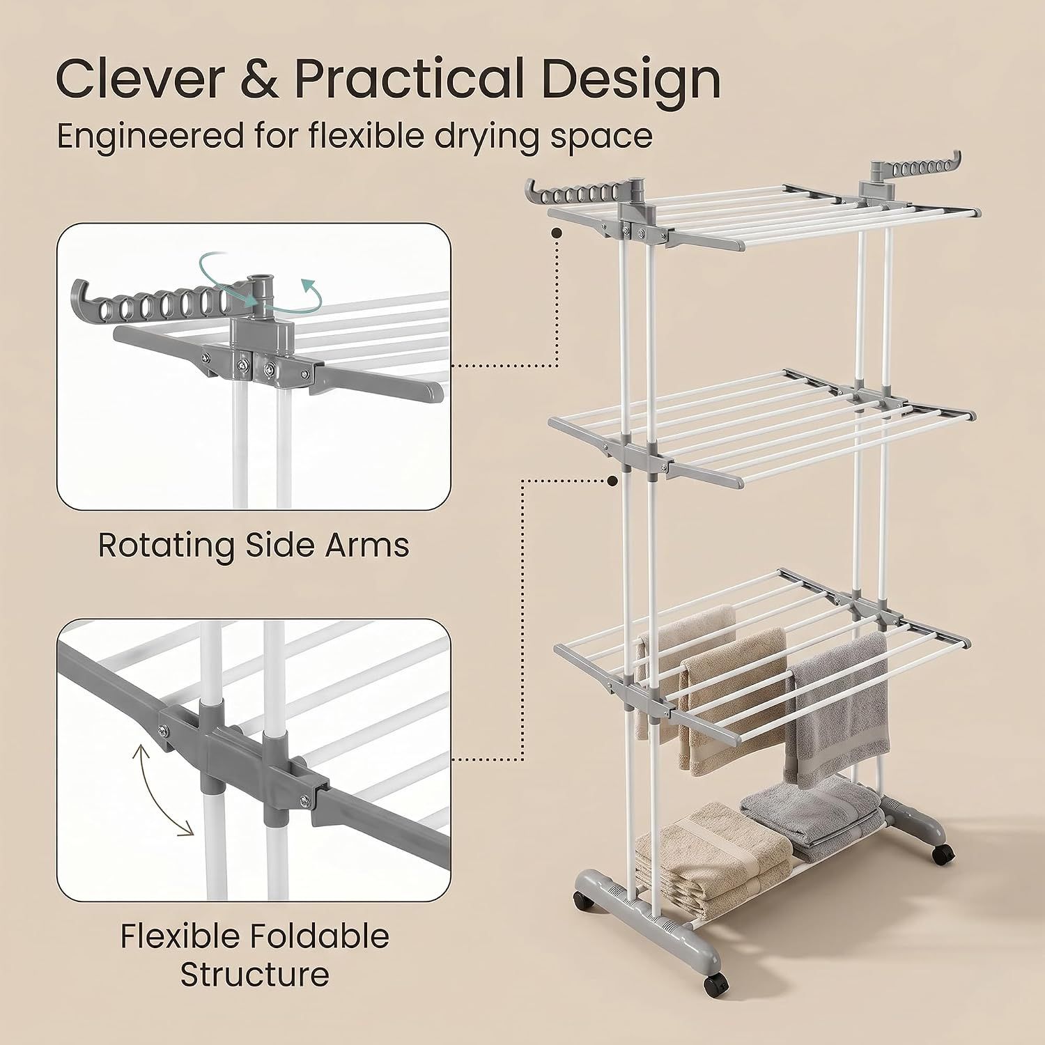 4 Tier Foldable Clothes Drying Rack Stainless Steel Airer with Wheels