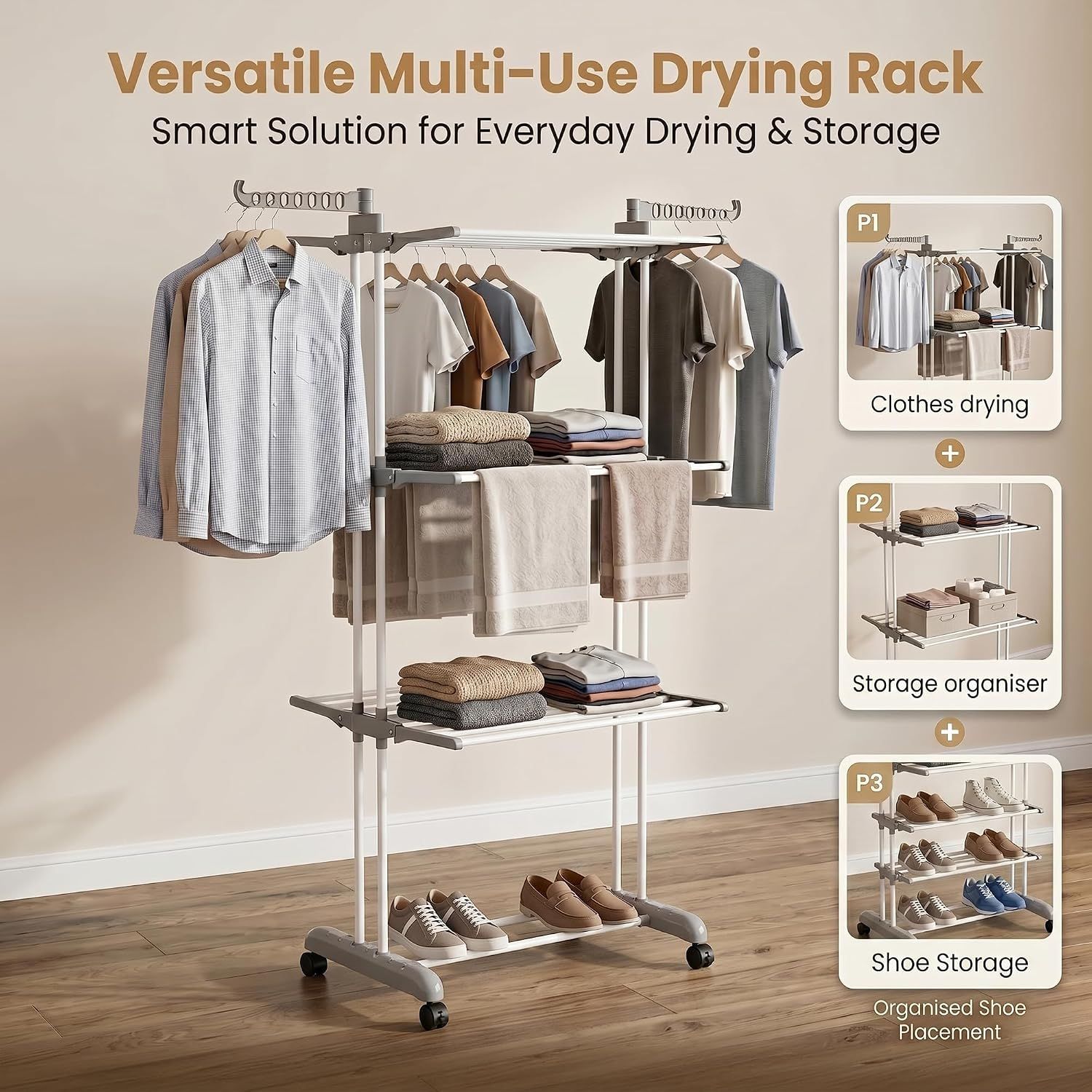 4 Tier Foldable Clothes Drying Rack Stainless Steel Airer with Wheels