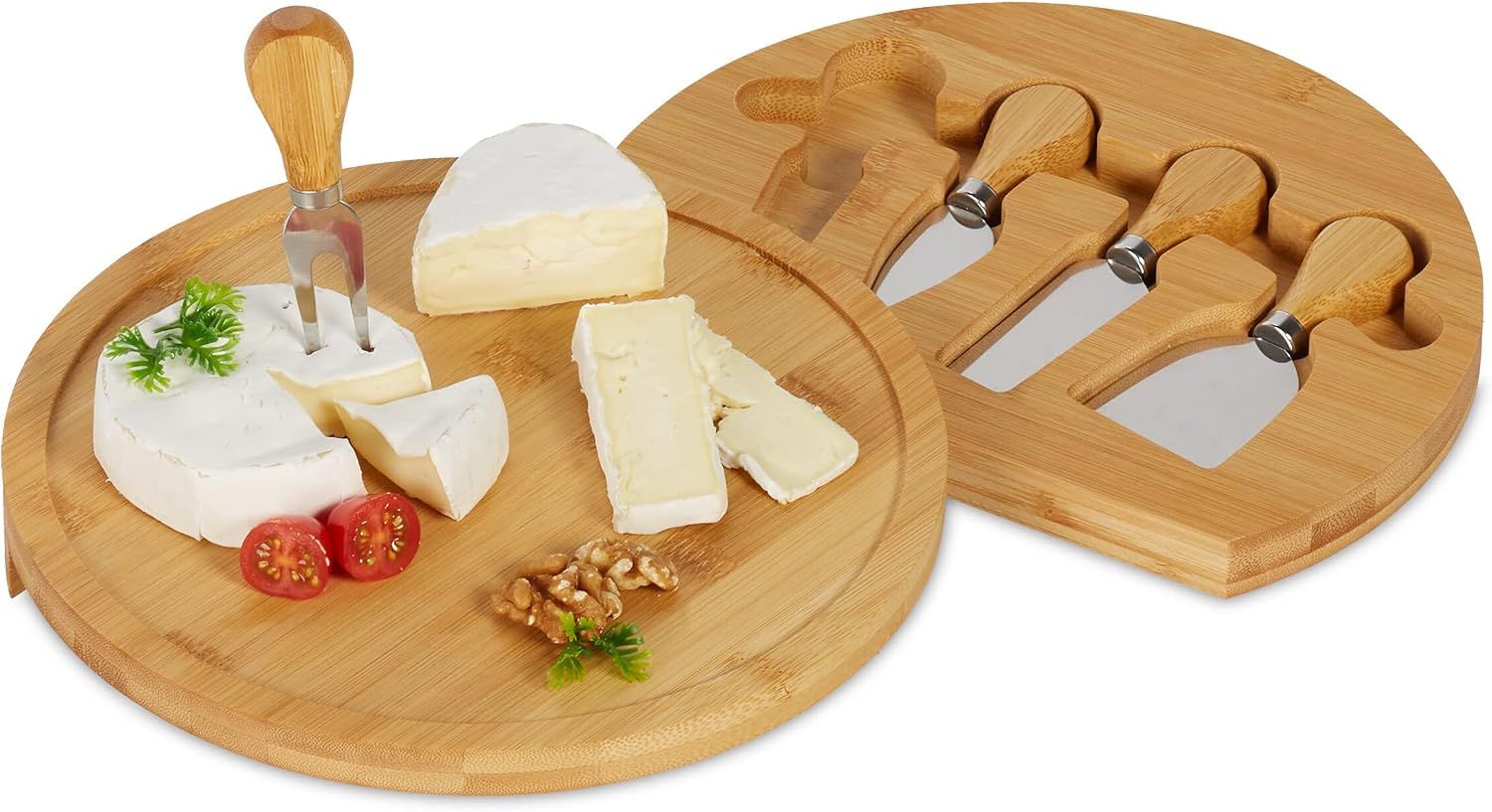 Bamboo Rotating Cheese Board Set with Stainless Steel Cheese Knife 4 Piece Cutlery