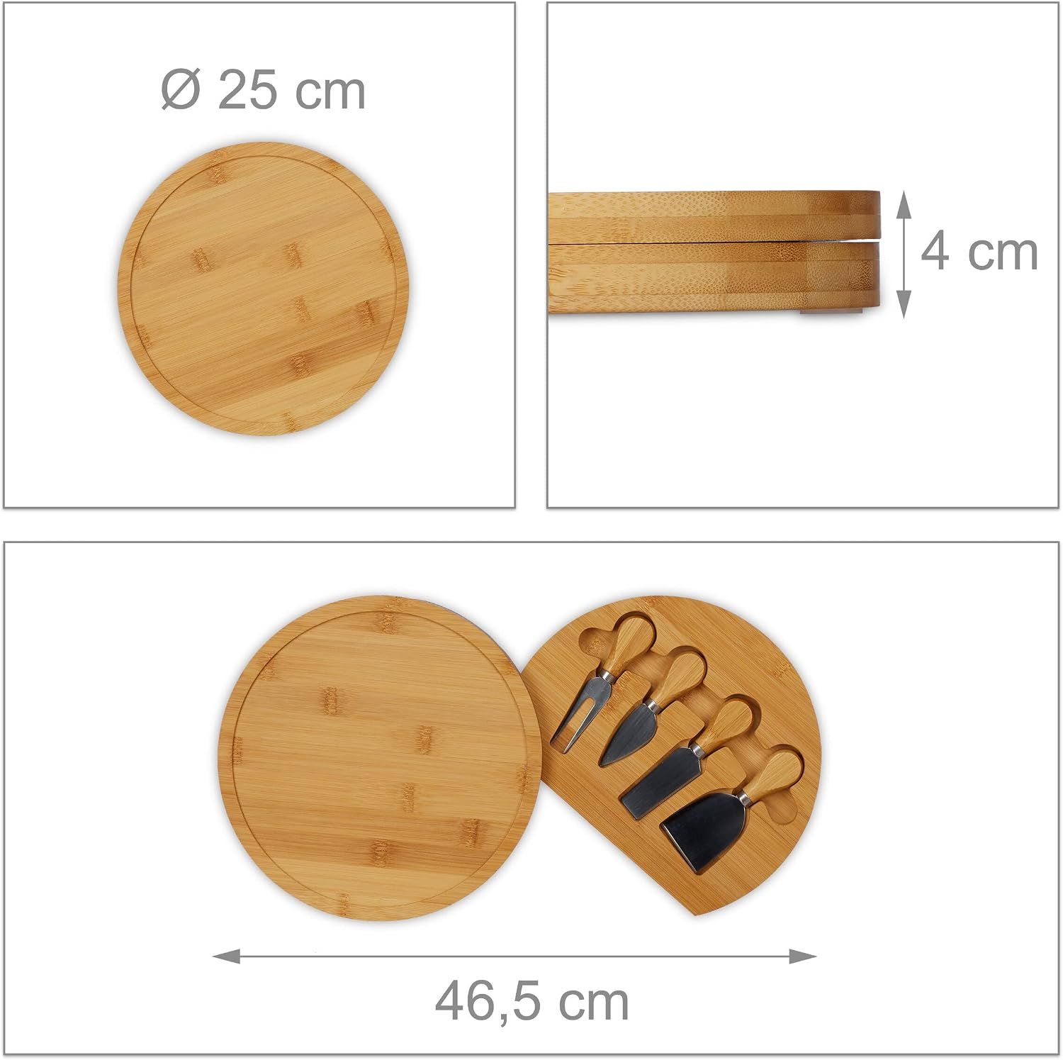 Bamboo Rotating Cheese Board Set with Stainless Steel Cheese Knife 4 Piece Cutlery