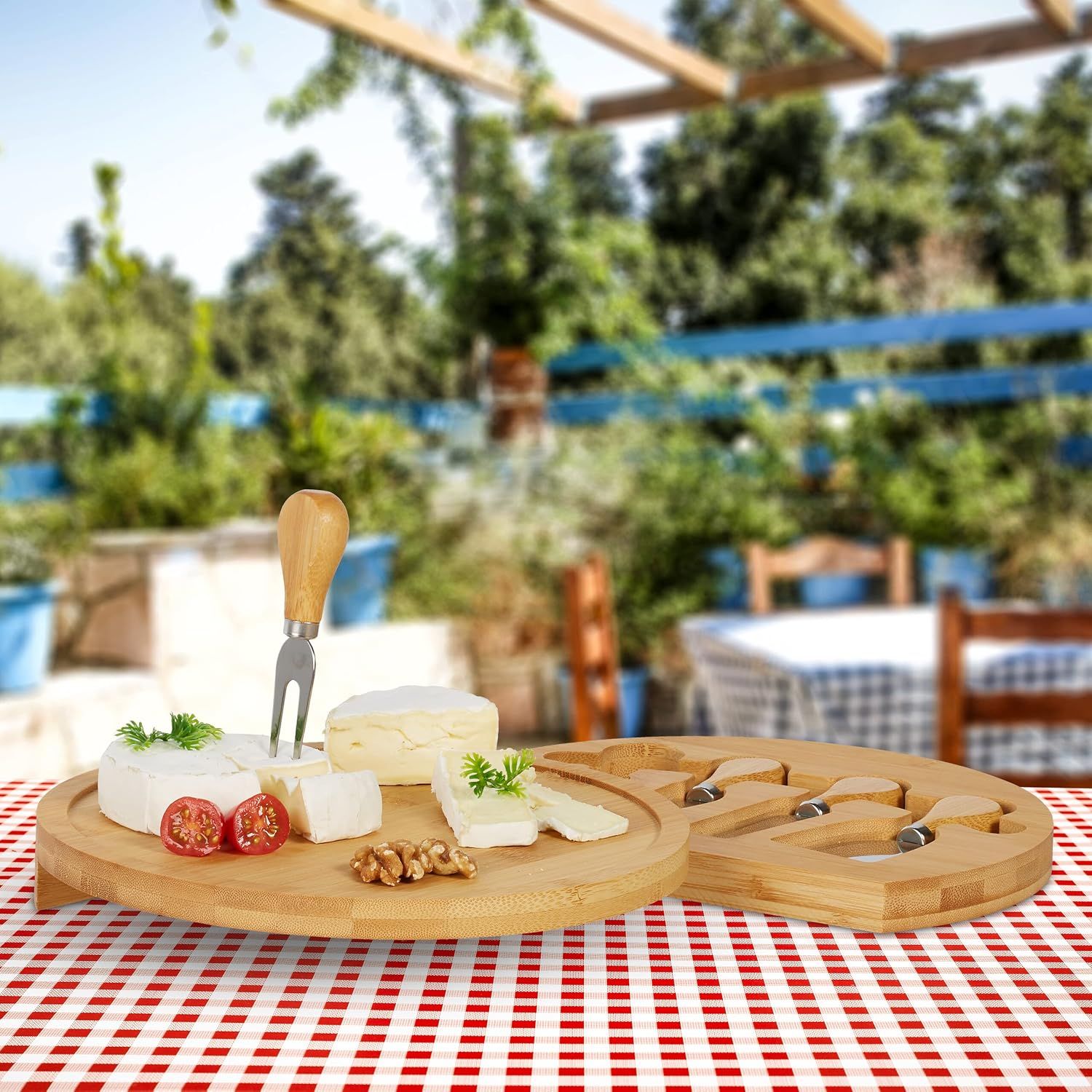 Bamboo Rotating Cheese Board Set with Stainless Steel Cheese Knife 4 Piece Cutlery