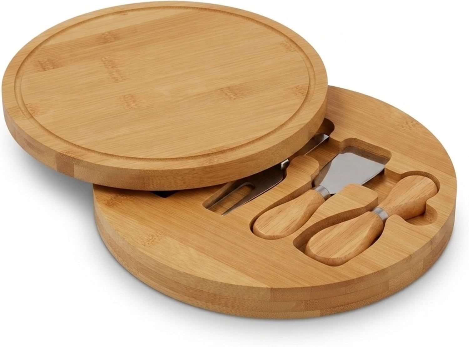 Bamboo Rotating Cheese Board Set with Stainless Steel Cheese Knife 4 Piece Cutlery
