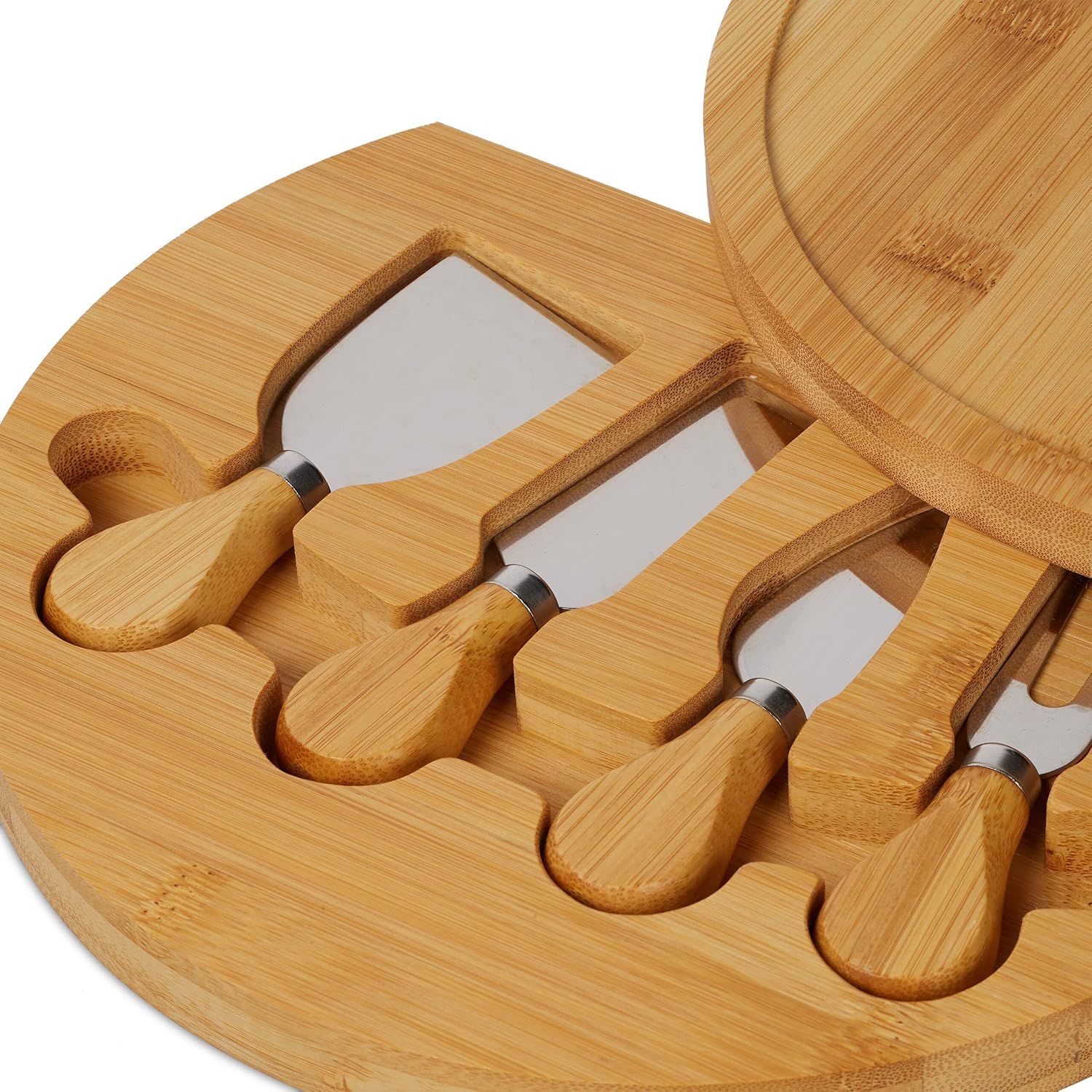 Bamboo Rotating Cheese Board Set with Stainless Steel Cheese Knife 4 Piece Cutlery