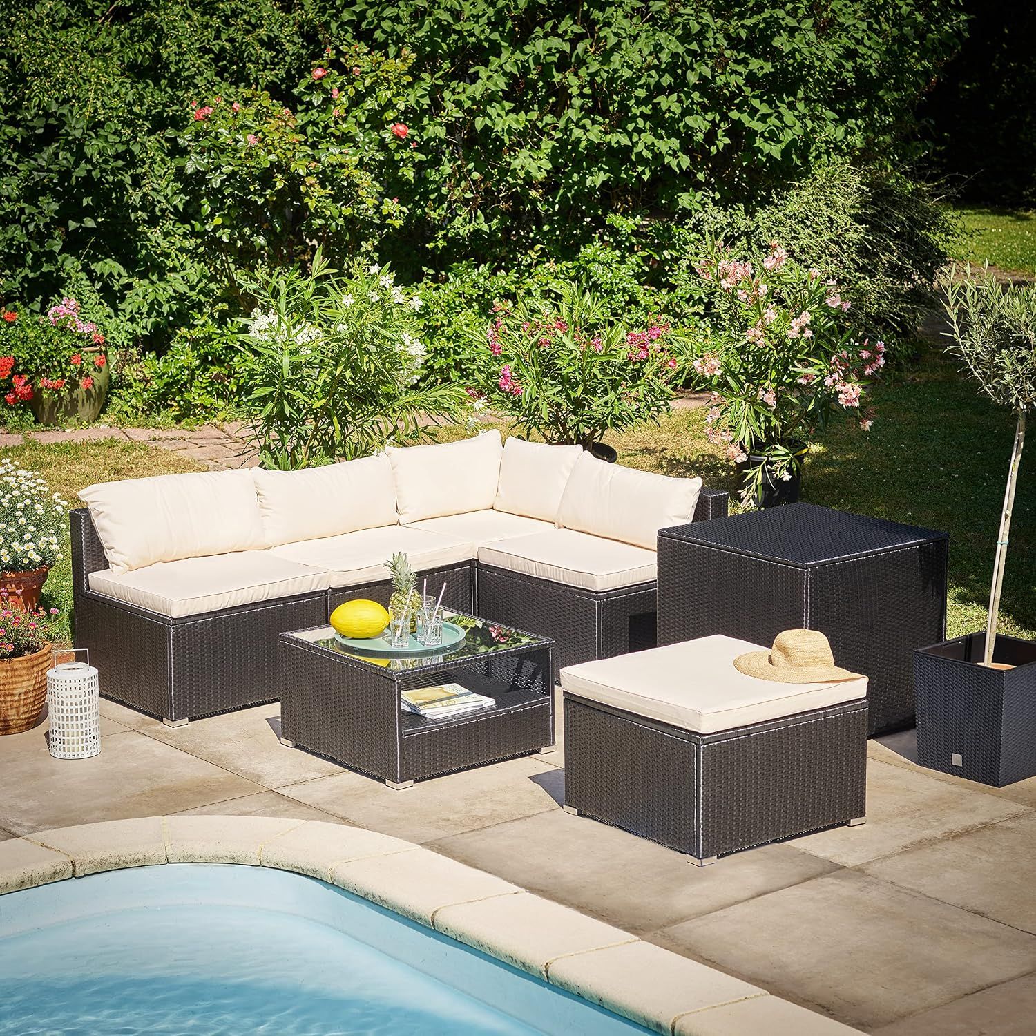Polyrattan 16-Piece XL Polyrattan Garden Lounge Set – Black &amp; Cream