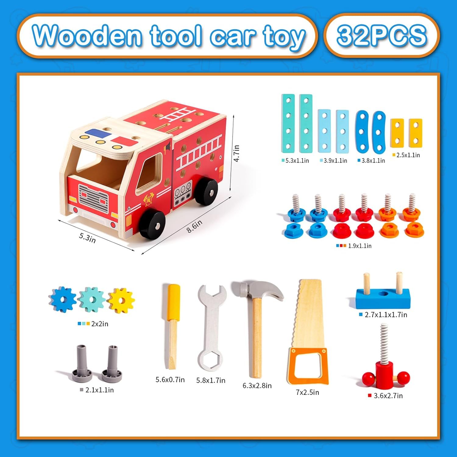 Montessori Wooden Toy Car Tool Set (32 Pieces) – Premium Wooden Construction Kit for Toddlers 2-5 Years – STEM Learning &amp; Fine Motor Skill Development – Preschool Creative Play Gift Set