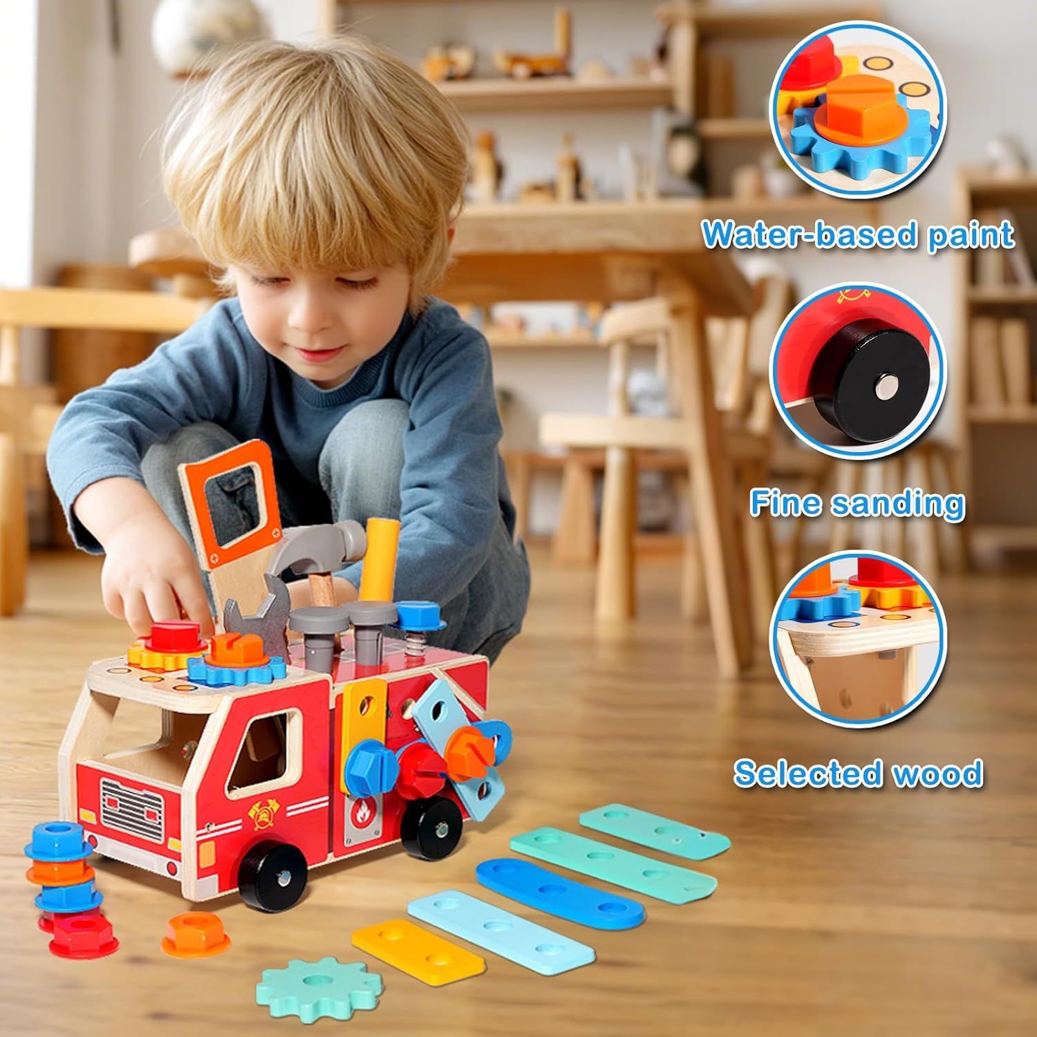 Montessori Wooden Toy Car Tool Set (32 Pieces) – Premium Wooden Construction Kit for Toddlers 2-5 Years – STEM Learning &amp; Fine Motor Skill Development – Preschool Creative Play Gift Set