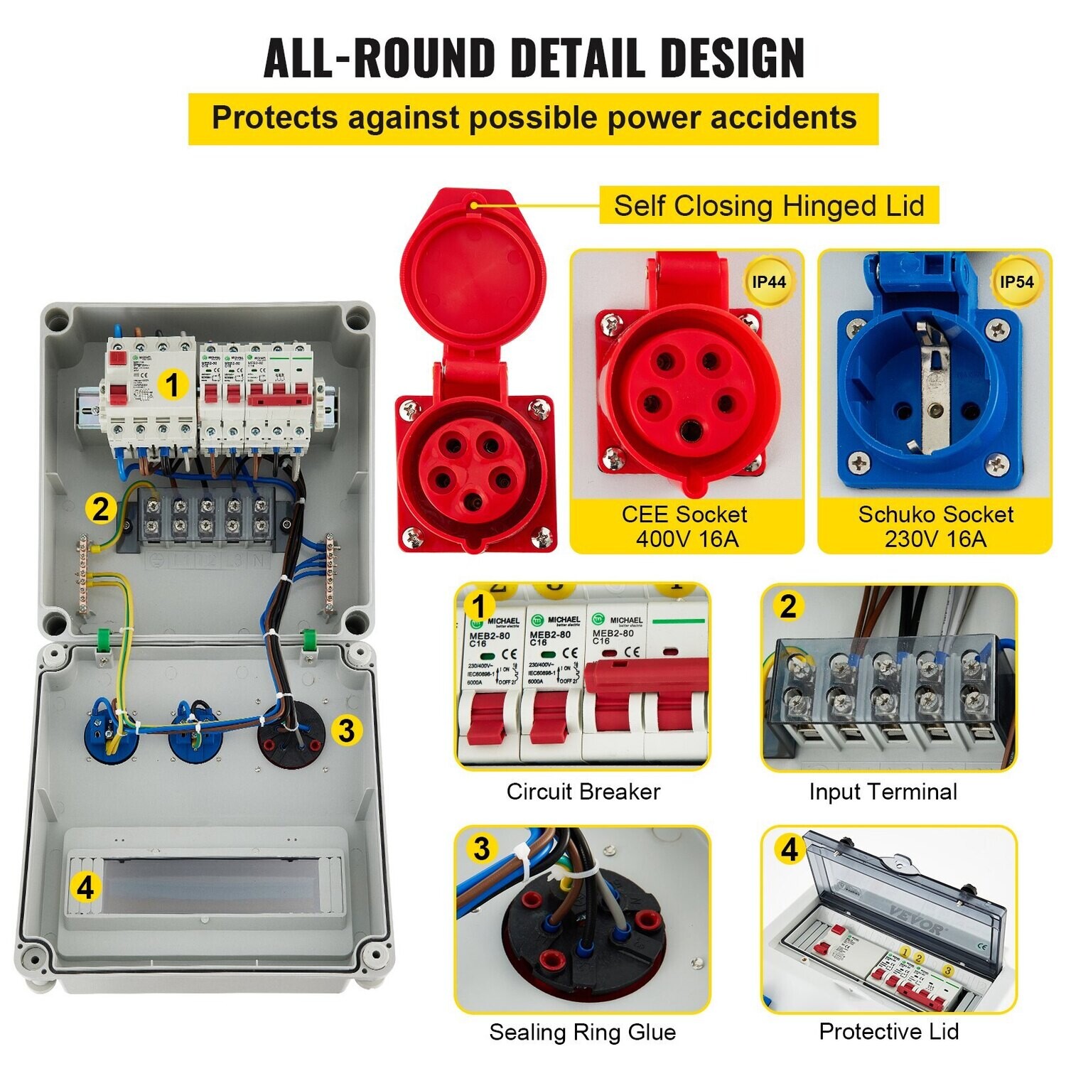Wall Power Distributor 16A 230V / 400V Socket 2 Position