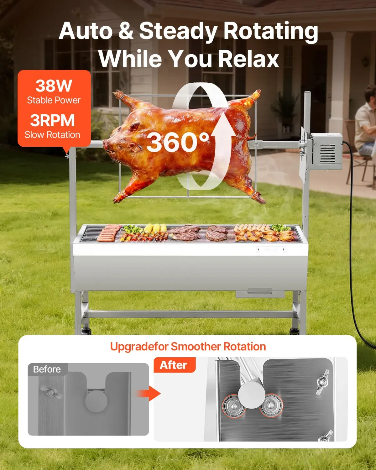 Roasting Machine, 37-Inch Electric Rotisserie Grill – 60kg Capacity Stainless Steel Pig Roaster with 360° Rotation