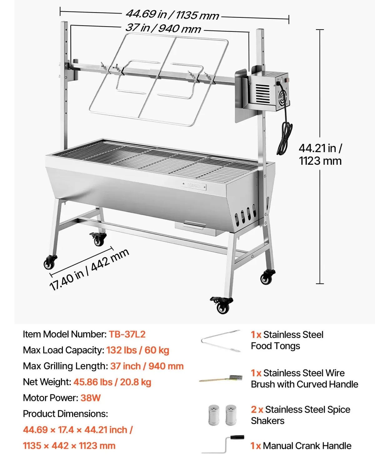 Roasting Machine, 37-Inch Electric Rotisserie Grill – 60kg Capacity Stainless Steel Pig Roaster with 360° Rotation