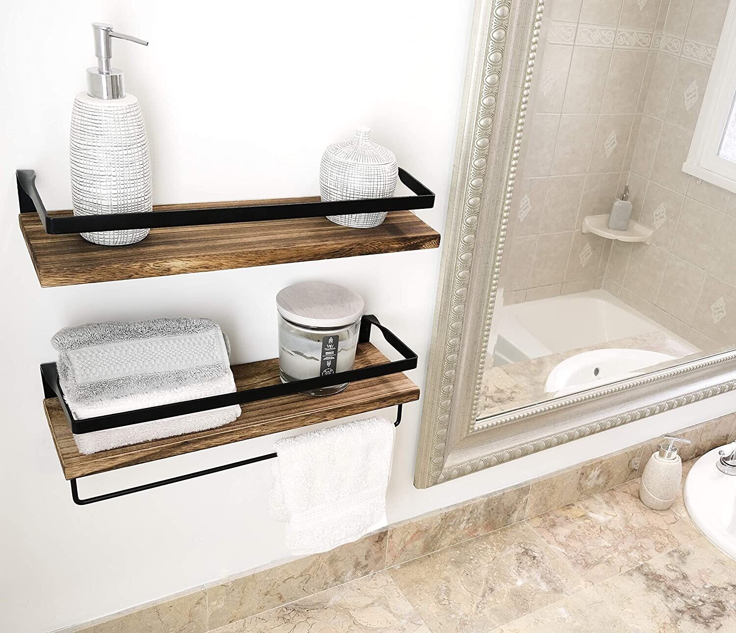 Rustic Brown with Black Floating 2-Piece Industrial Wall Shelf Set with Towel Rail – Wood &amp; Black Metal